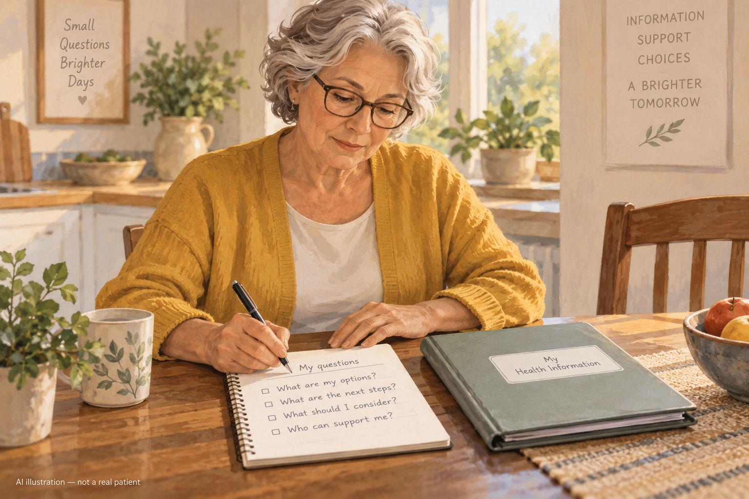 Illustration of a fictional older woman writing consultation questions beside a closed medical folder at home.