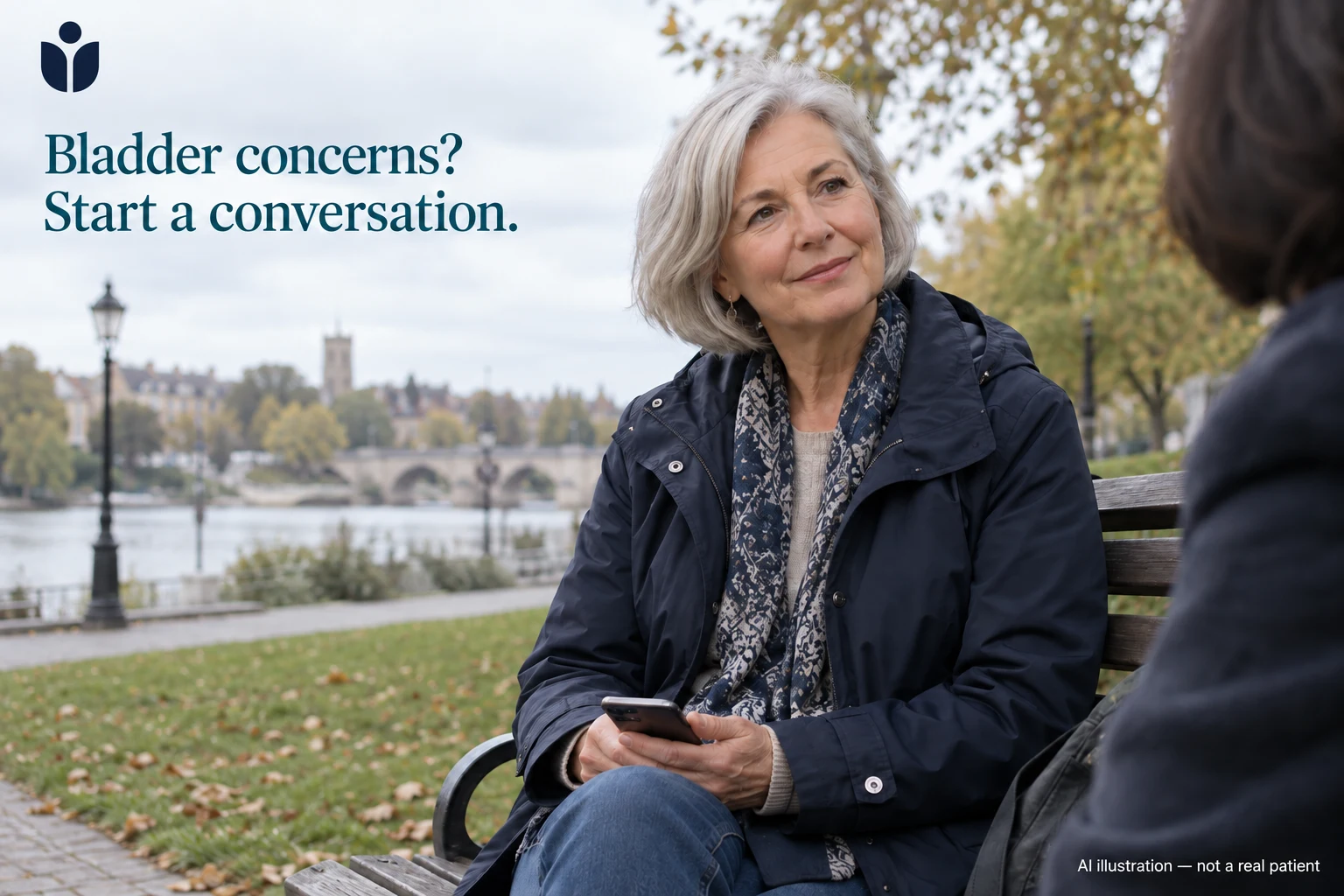 AI illustration of an older woman on a park bench considering a health consultation.