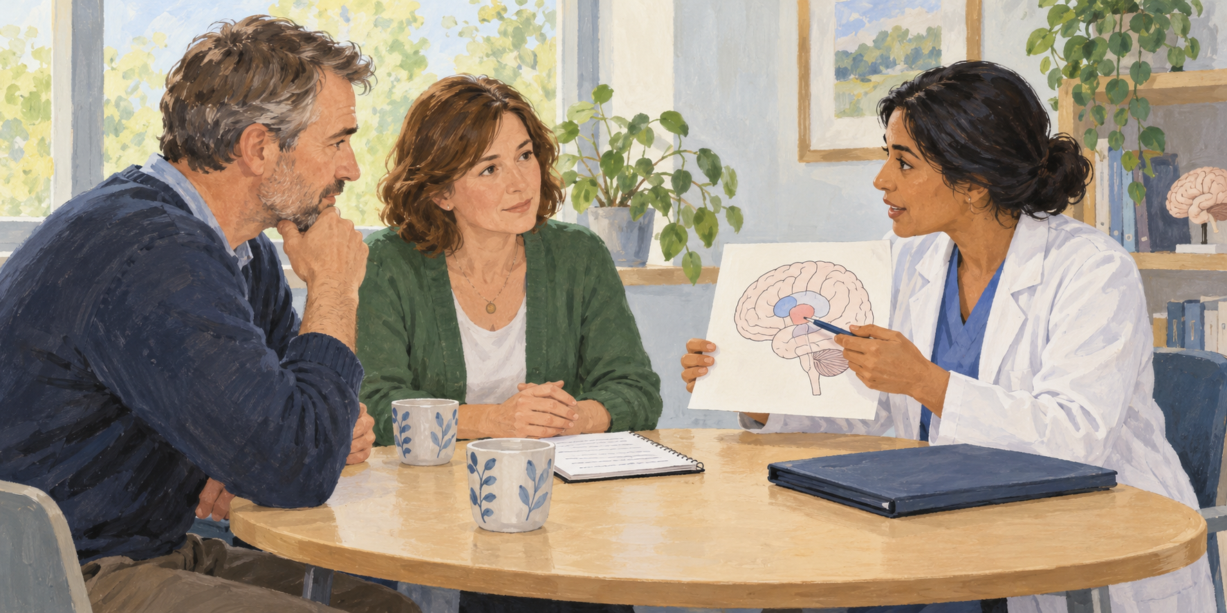 Illustration of a fictional couple discussing a schematic brain drawing with a clinician at a consultation table.