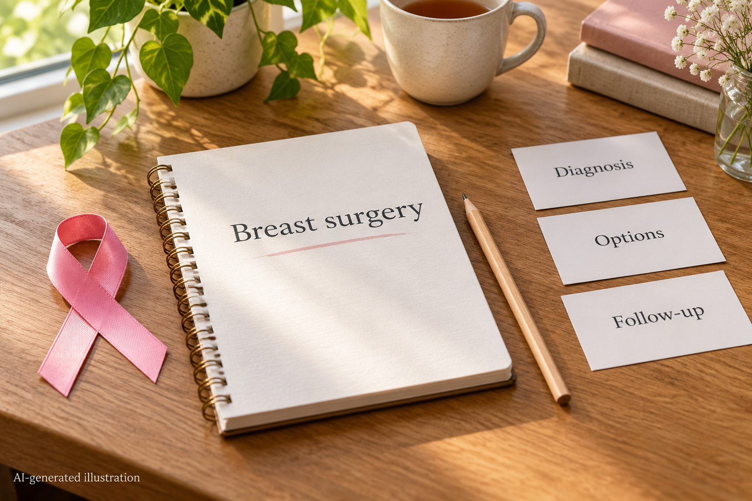 Illustrative breast-health ribbon and consultation notebook with diagnosis, options and follow-up cards.
