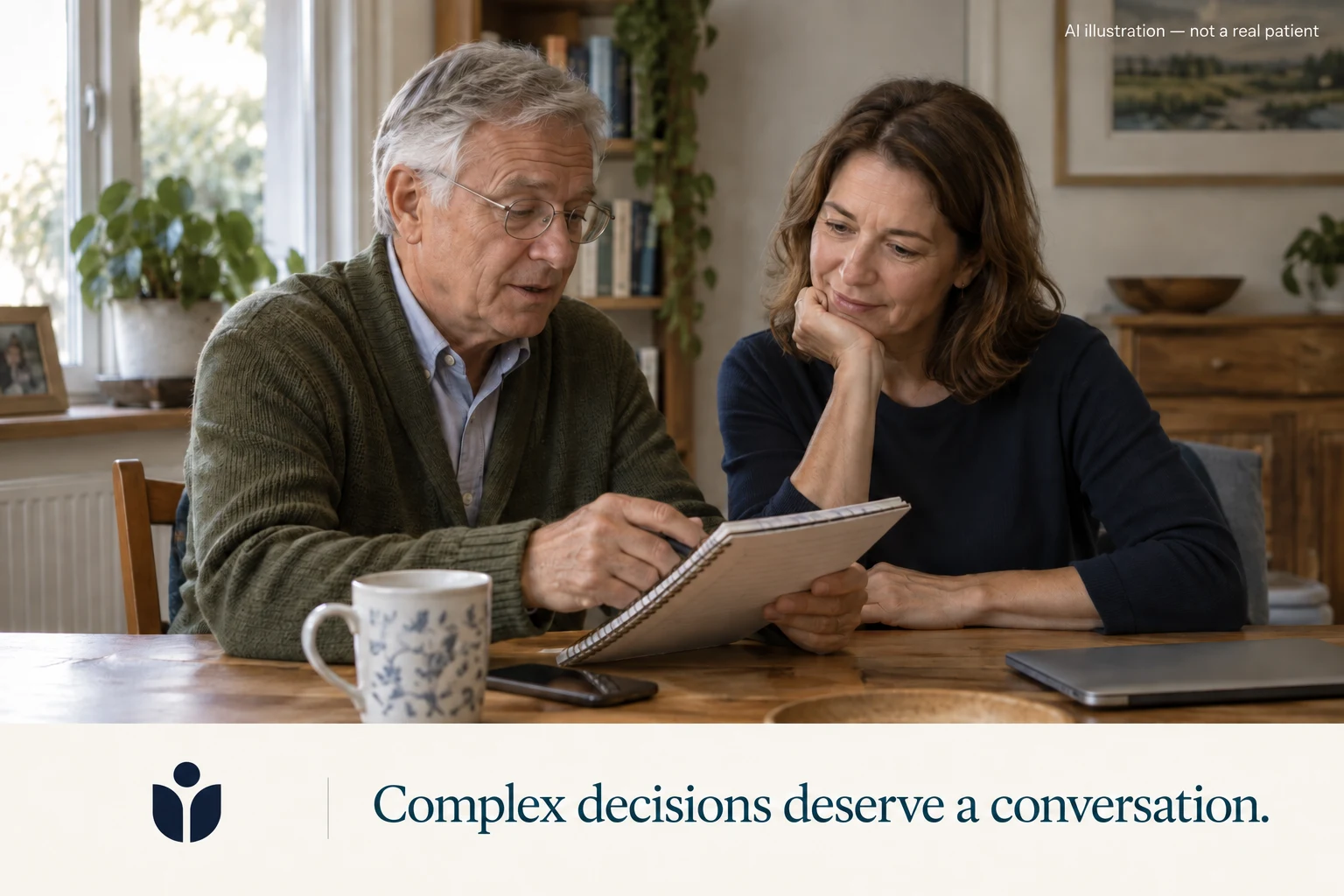 AI illustration of a man and a family member preparing questions for a complex decision.