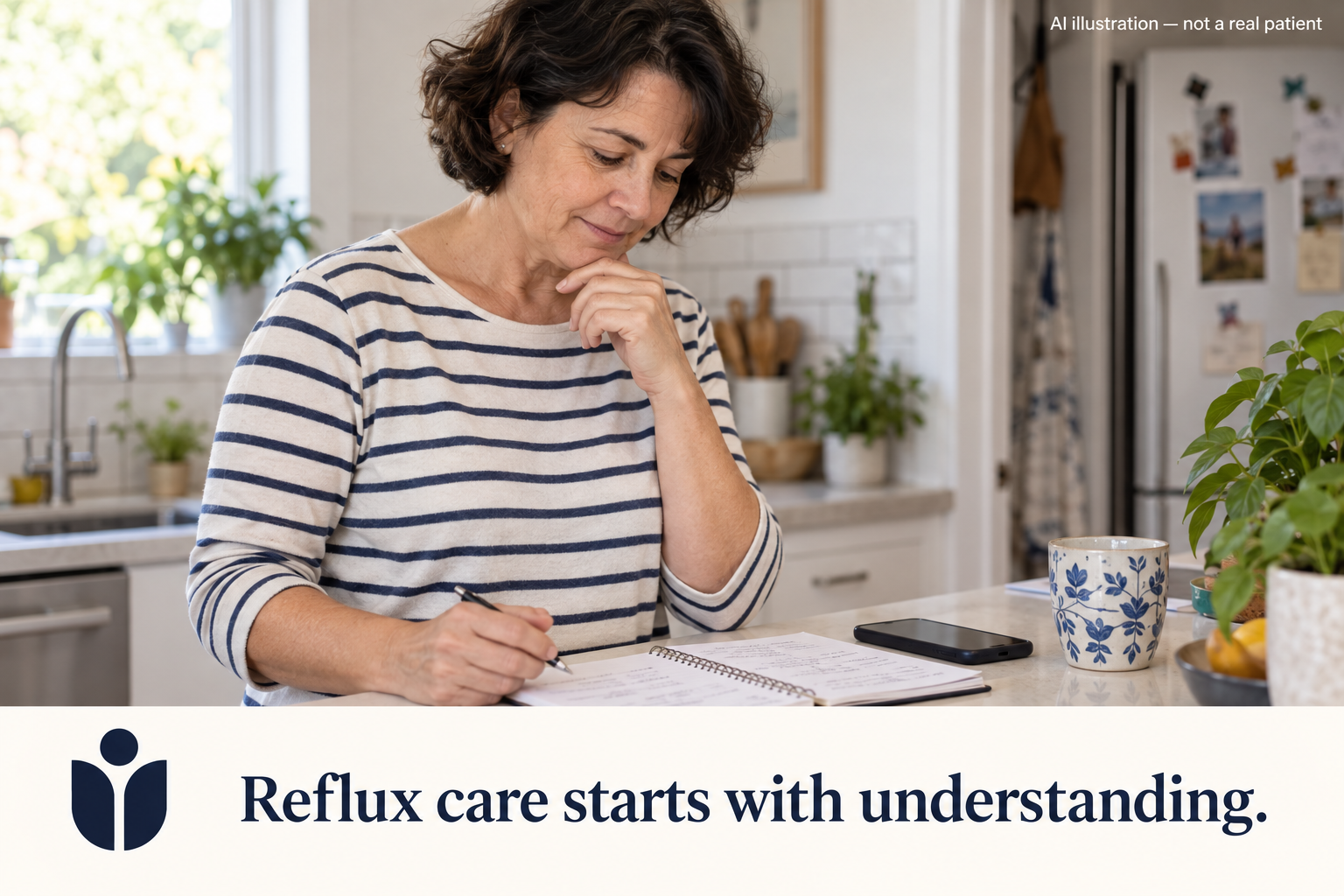AI illustration of an adult woman at home reviewing a symptom diary before a reflux consultation.