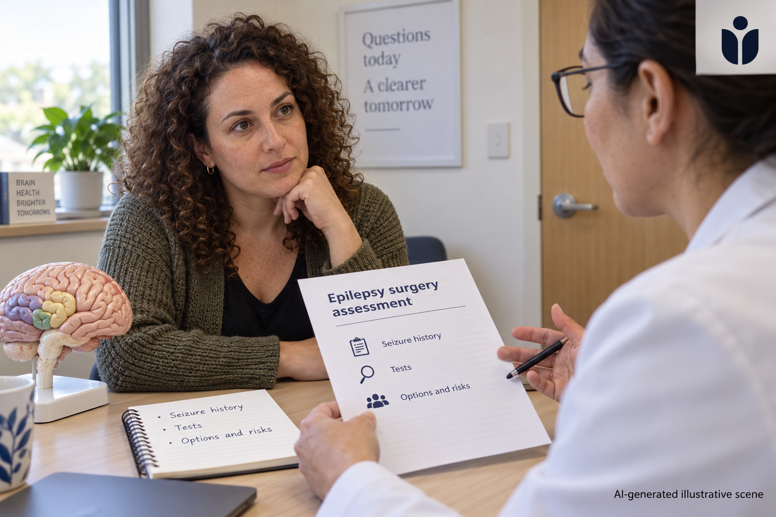 AI-generated illustrative epilepsy surgery consultation with a brain teaching model and assessment question sheet; fictional people and setting.