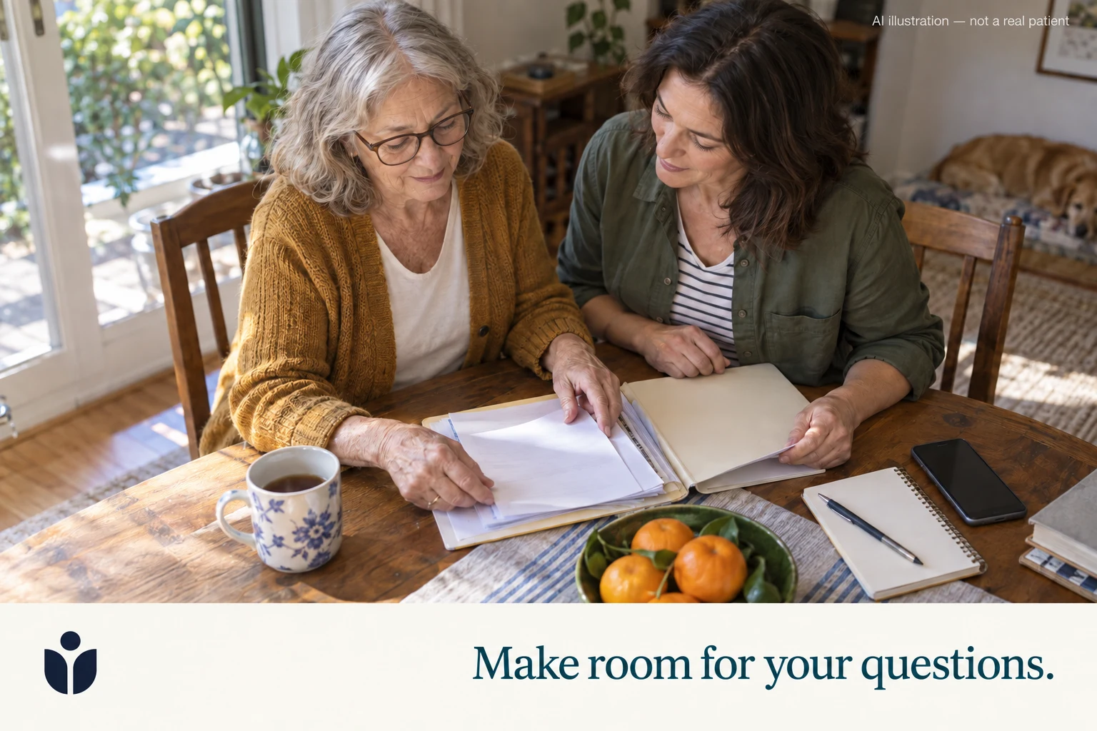 AI illustration of an older woman and her daughter preparing for a specialist appointment.