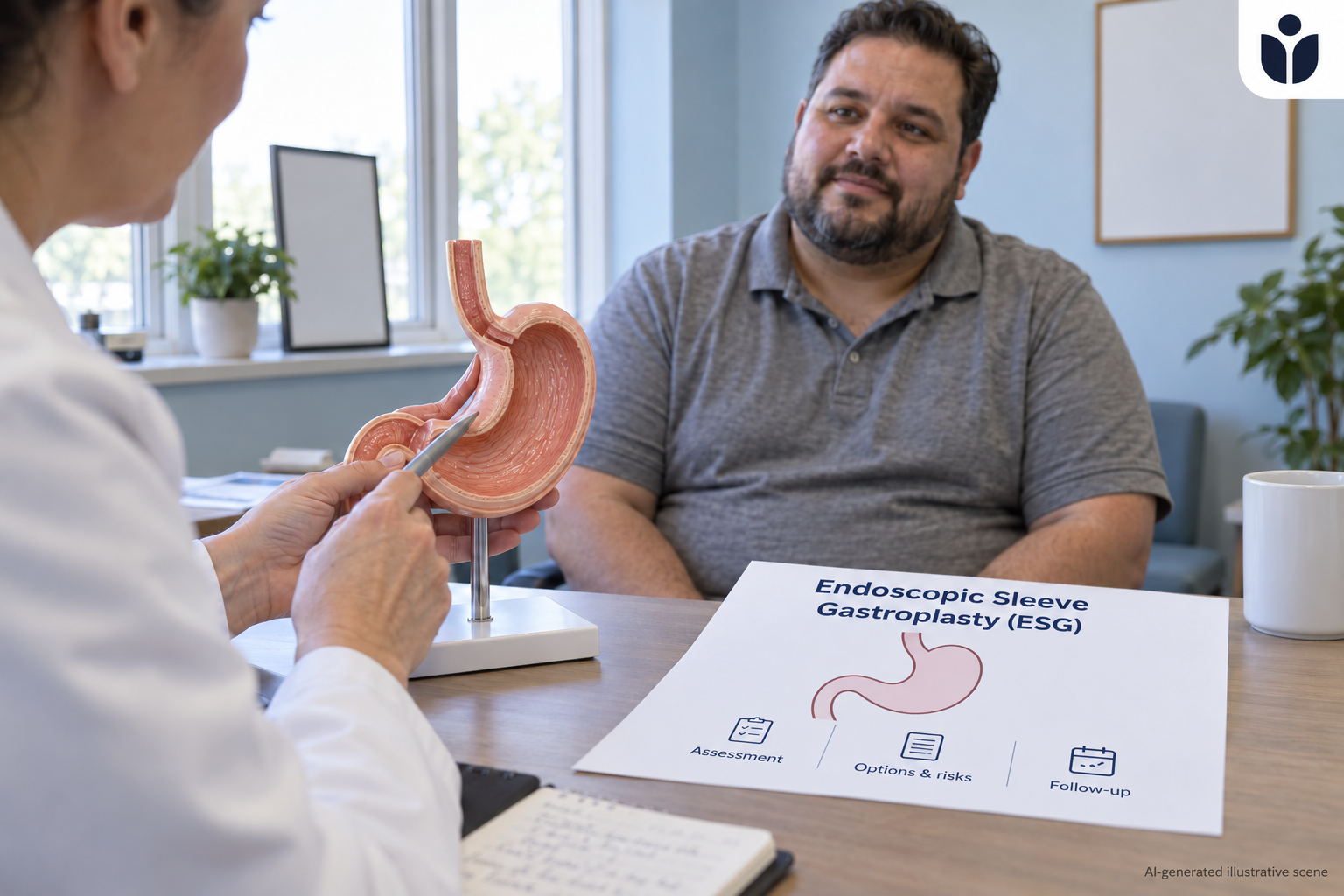 AI-generated illustrative ESG consultation with a stomach teaching model and assessment leaflet; fictional people and setting.