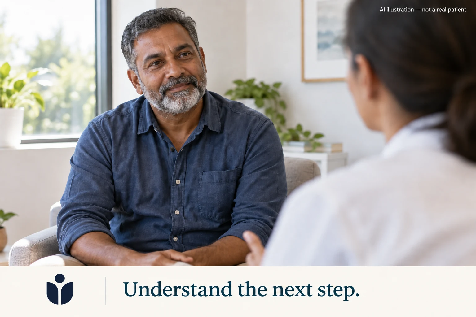 AI illustration of a man listening during a specialist consultation.