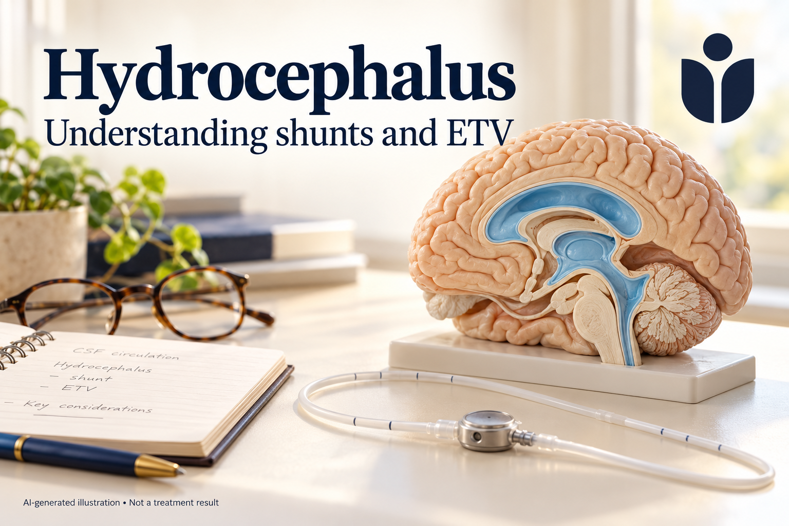 AI-generated conceptual teaching still life showing a brain model with blue fluid spaces and a shunt teaching tube beside a notebook; not a diagnostic scan or exact surgical diagram.
