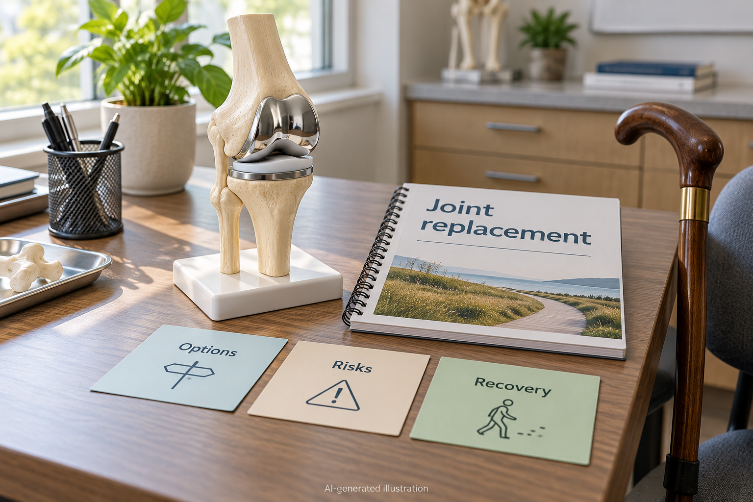 Illustrative knee replacement teaching model beside a consultation notebook and cards about options, risks and recovery.