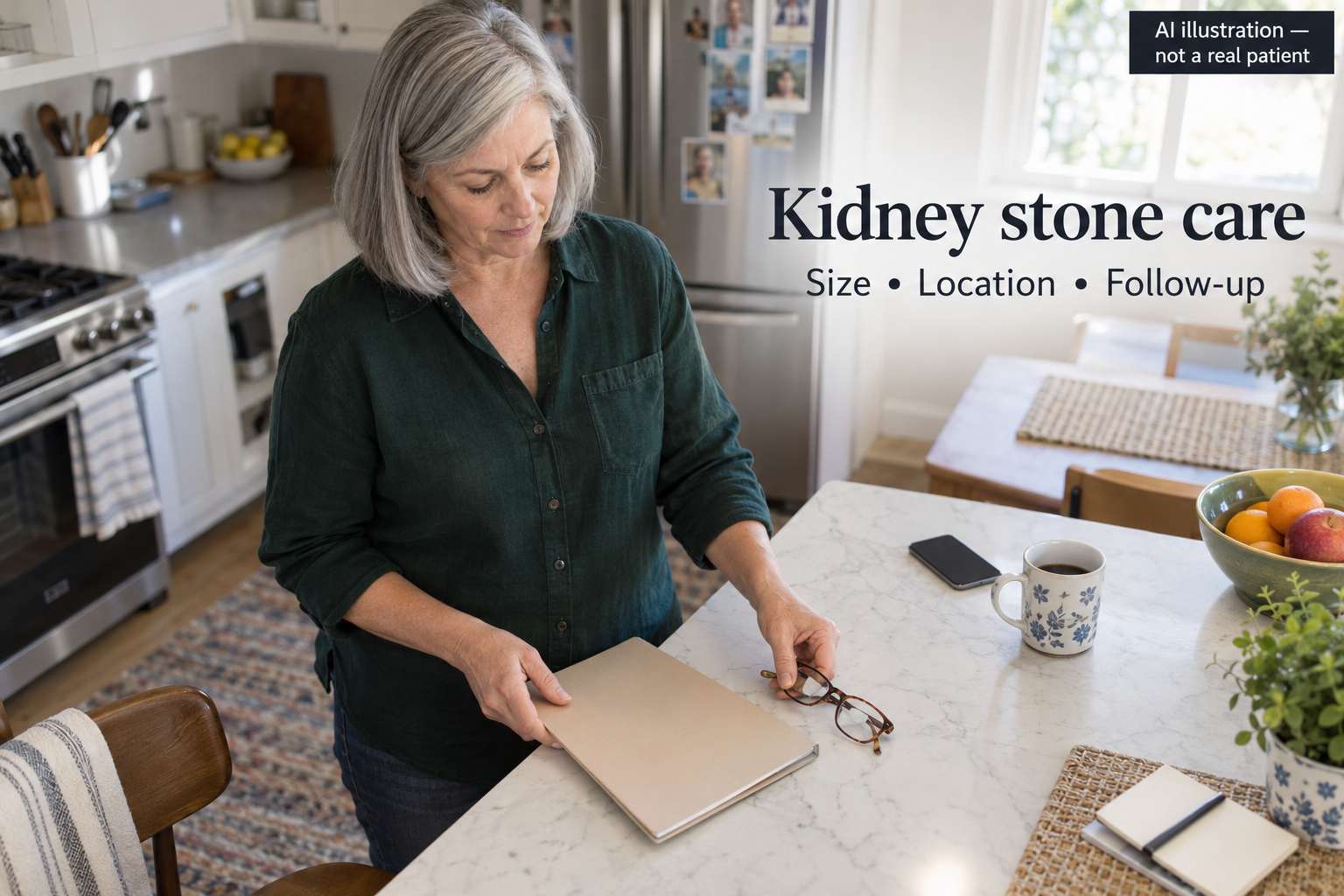 Fictional woman preparing an appointment folder at home beside the words Size, Location and Follow-up.