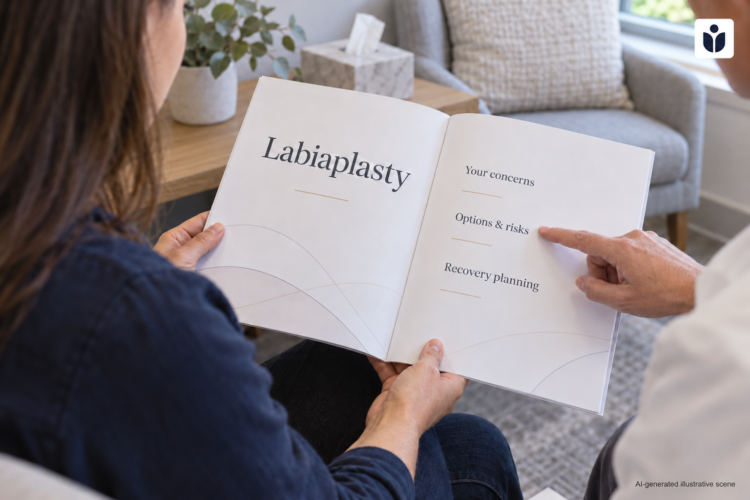 AI-generated illustrative labiaplasty consultation with a booklet about options, risks and recovery; fictional people and setting.