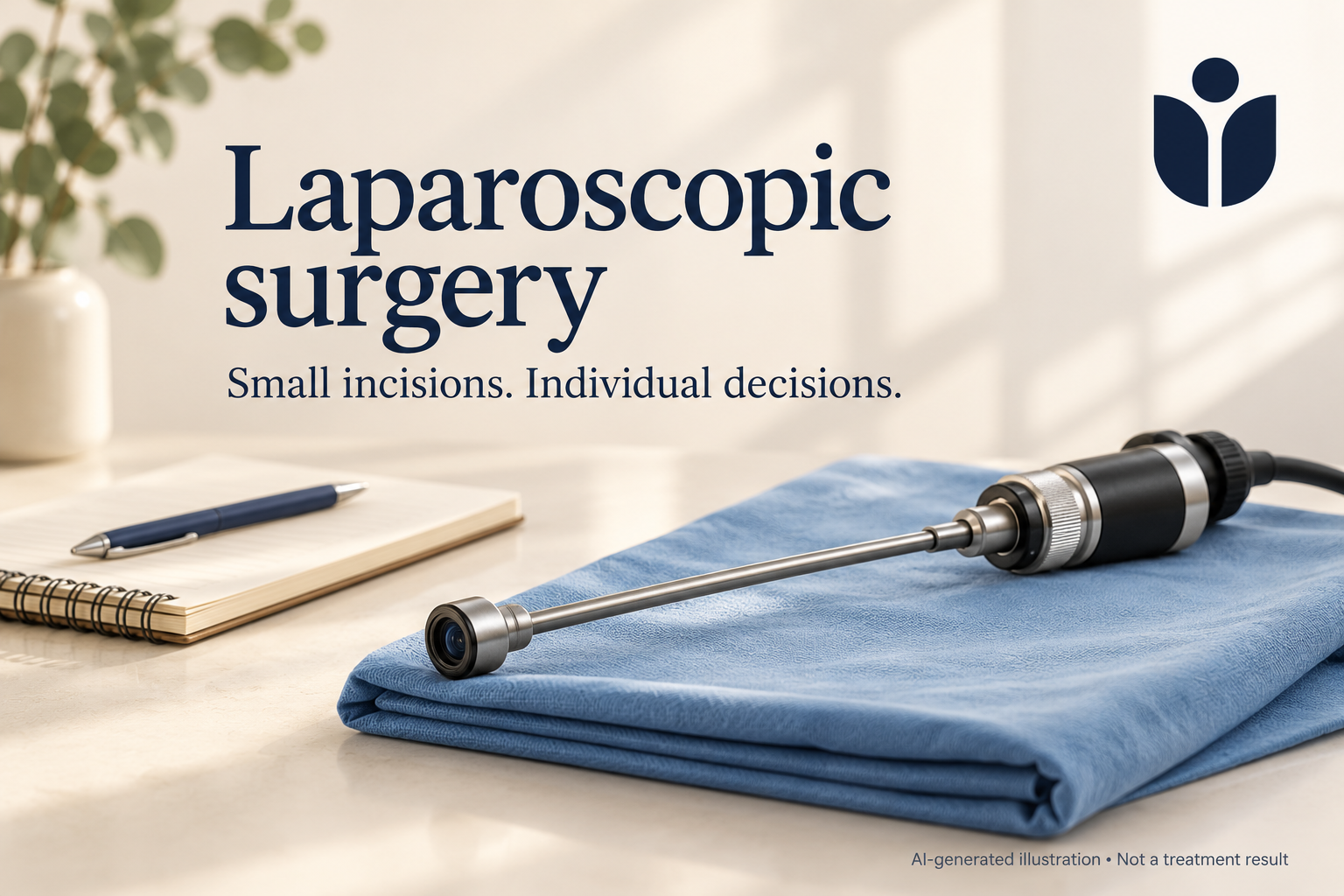 Illustrative laparoscopic camera equipment beside a consultation notebook, representing assessment before keyhole surgery.