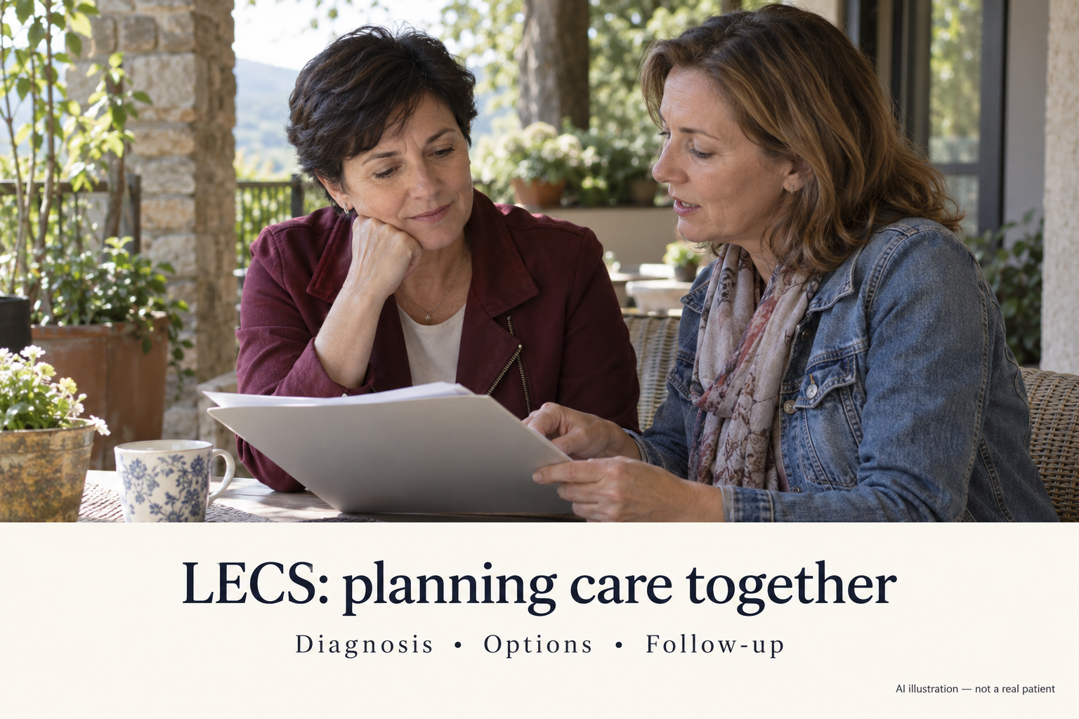 AI-generated illustration of two fictional adult women reviewing an appointment folder outdoors, with prompts for diagnosis, options and follow-up.
