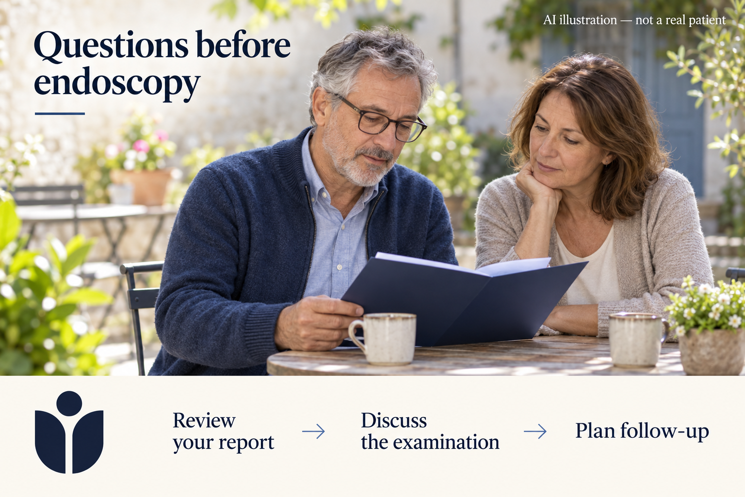 AI-generated illustration of a fictional adult couple reviewing an appointment folder outdoors; three labels read Review your report, Discuss the examination, and Plan follow-up.