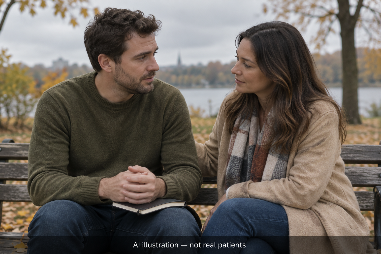 Fictional adult couple having a supportive conversation on a park bench with a closed notebook.