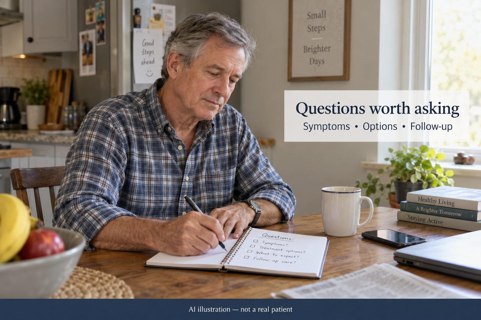 Fictional older man writing consultation questions at his kitchen table beside the words Symptoms, Options and Follow-up.