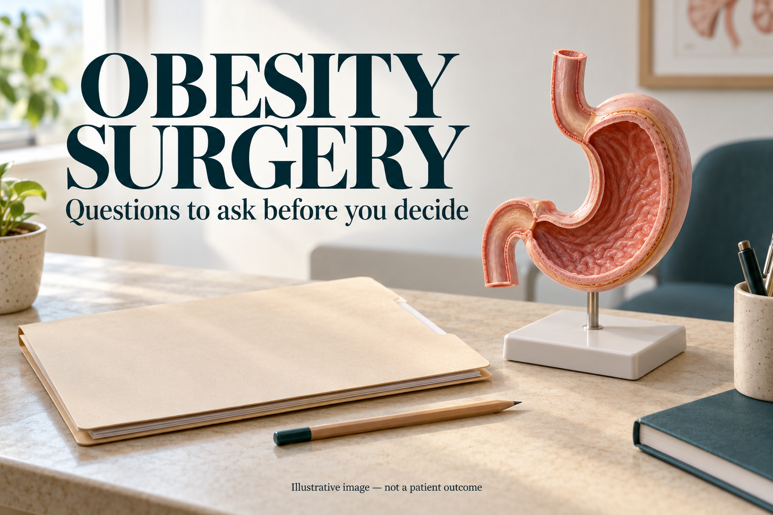 Illustrative stomach teaching model and consultation folder beside the heading Obesity Surgery: Questions to ask before you decide.