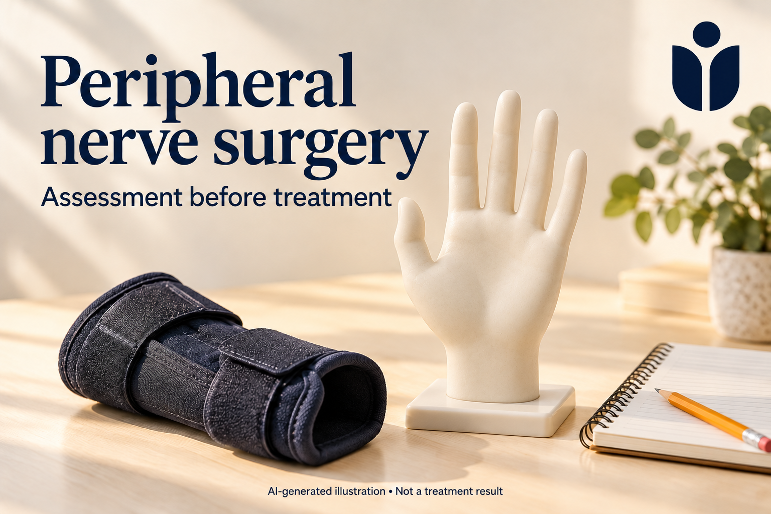 AI-generated still life of an ivory hand sculpture, wrist splint and notebook representing hand function and assessment; not a surgical diagram.