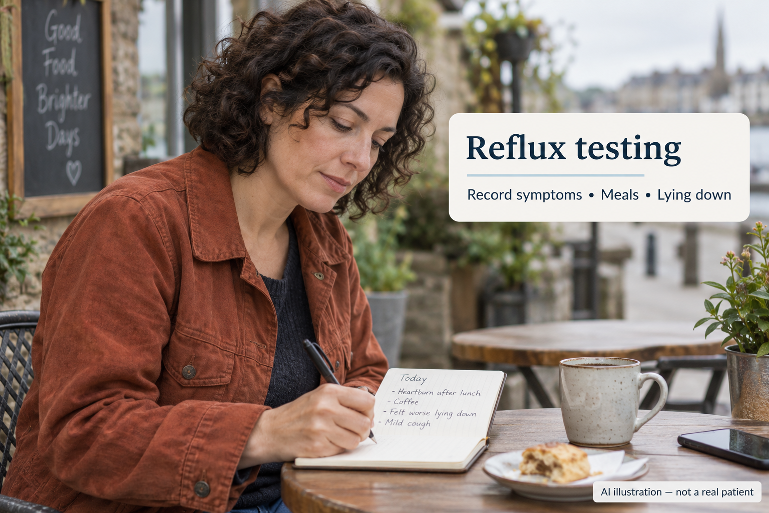 Fictional woman writing a symptom diary at an outdoor cafe, with reminders to record symptoms, meals and lying down.