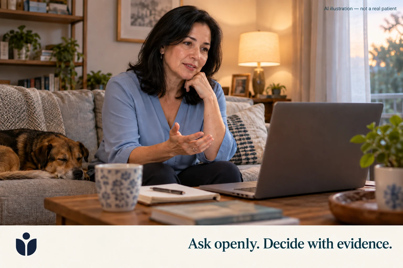 AI illustration of a woman talking through her concerns in a remote consultation.