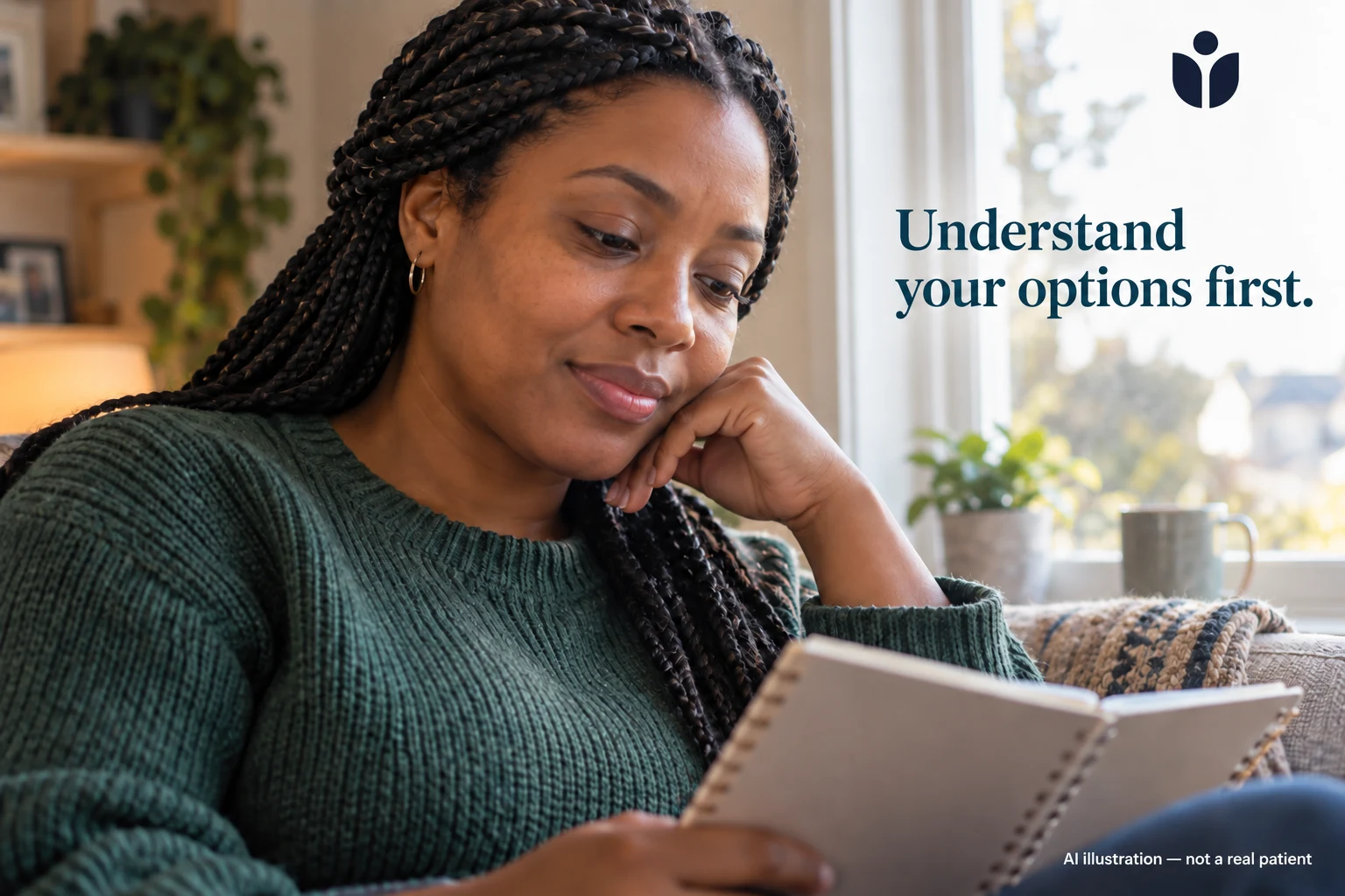 AI illustration of a woman reviewing appointment questions at home.