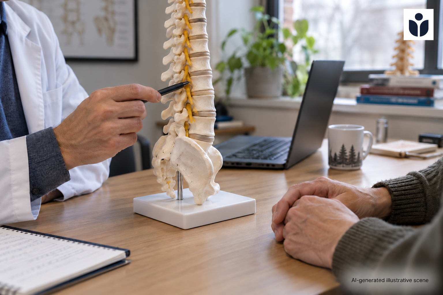 AI-generated illustrative consultation with a spine teaching model; fictional people and setting.