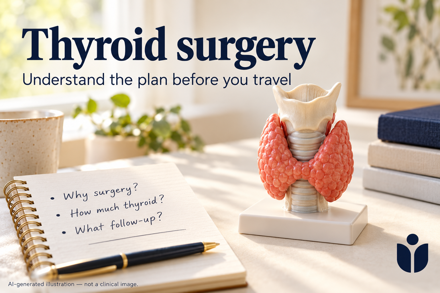 Illustrative thyroid teaching model beside a notebook asking about the reason for surgery, its extent and follow-up.
