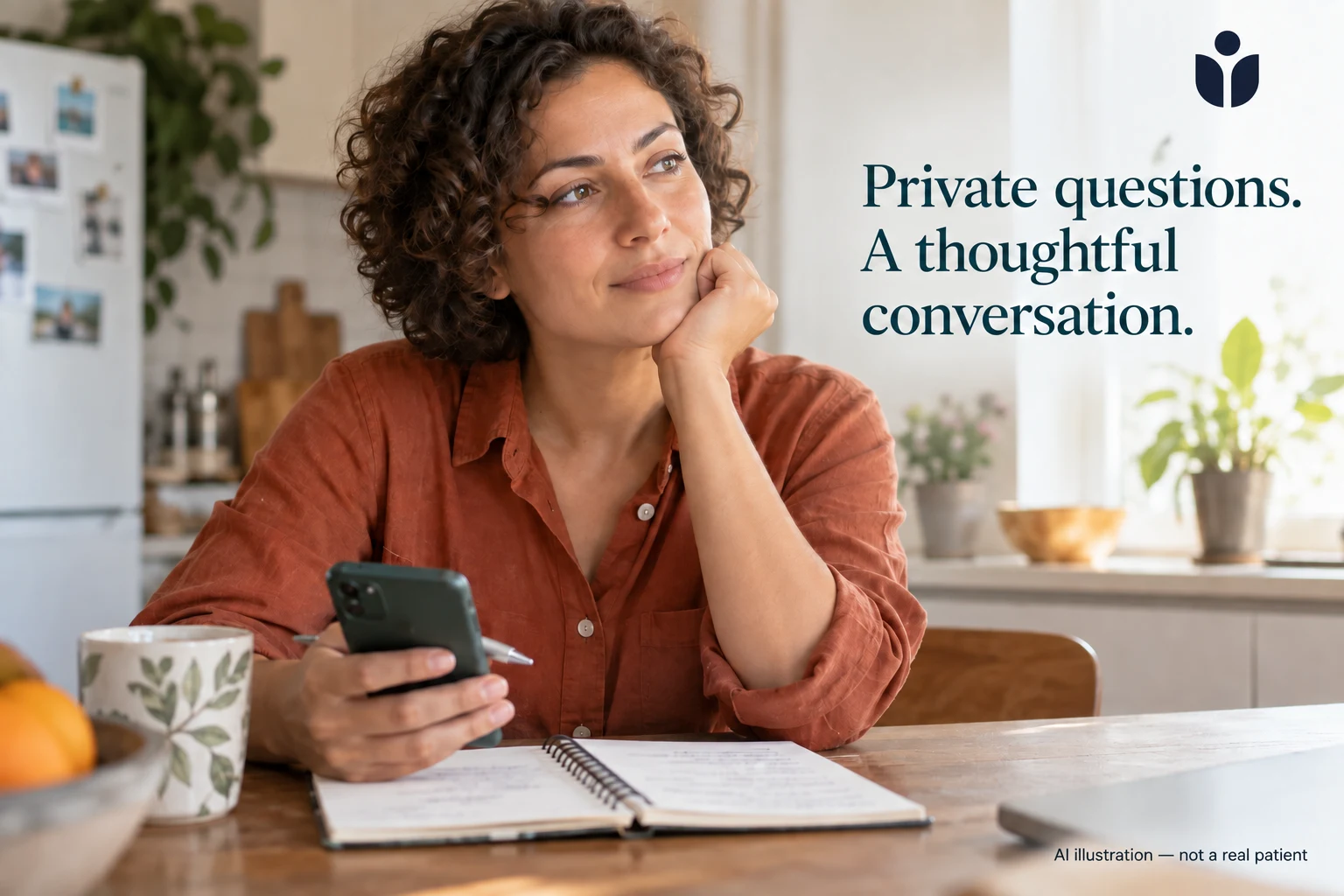 AI illustration of an adult woman at home preparing questions for a private consultation.